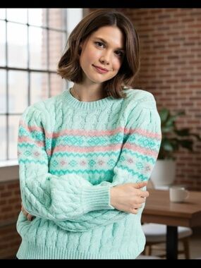 easel Mint Cable Knit Crewneck Sweater
